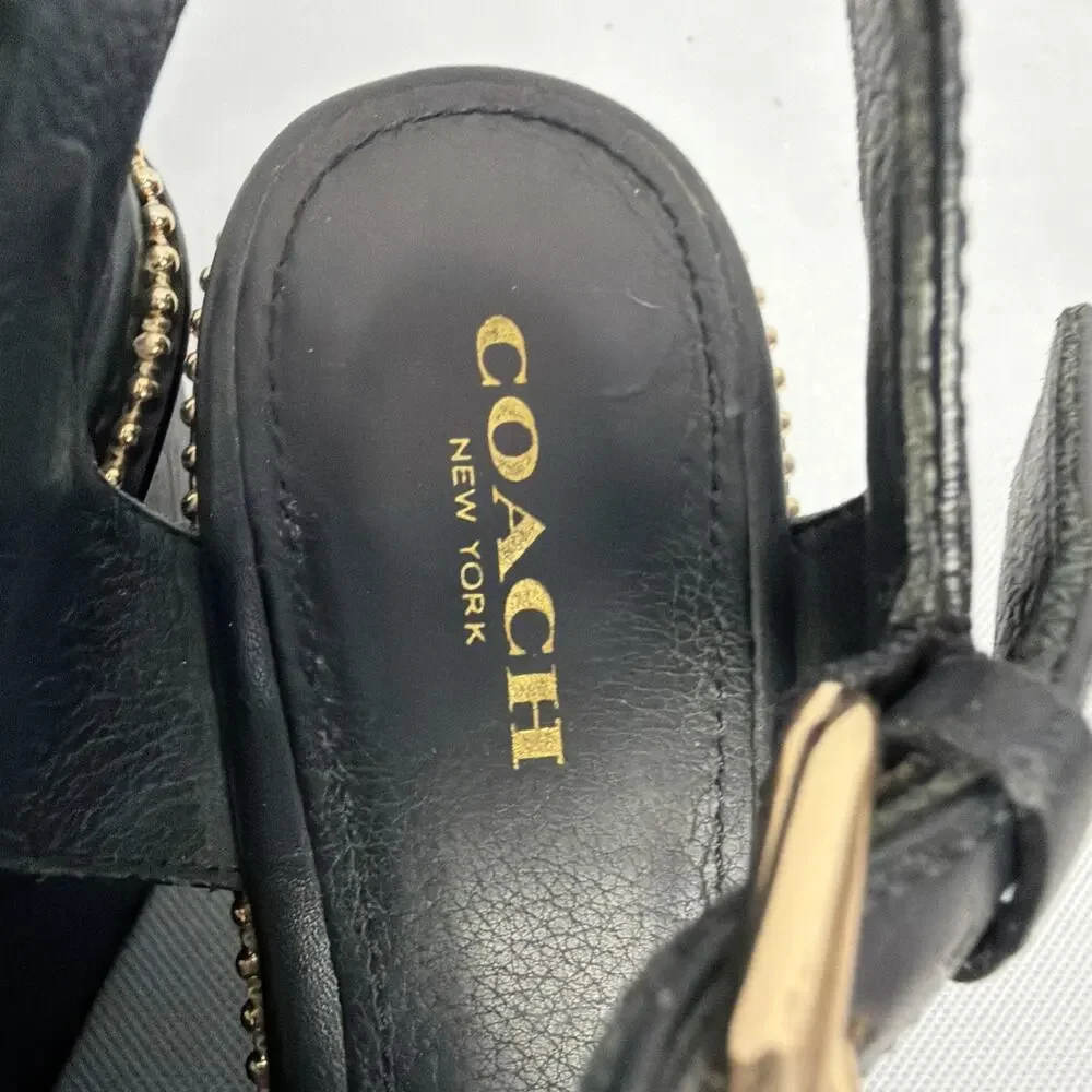 Coach Harla Black Leather Wood Wedge Platform Sandals